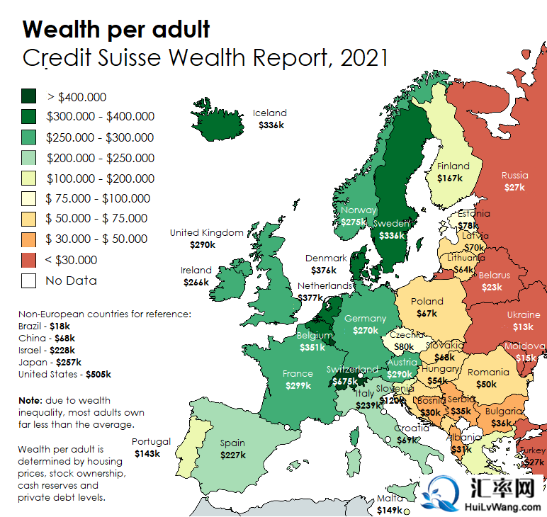瑞士信贷2021年报告:欧洲各国的人均(成年人)财富地图